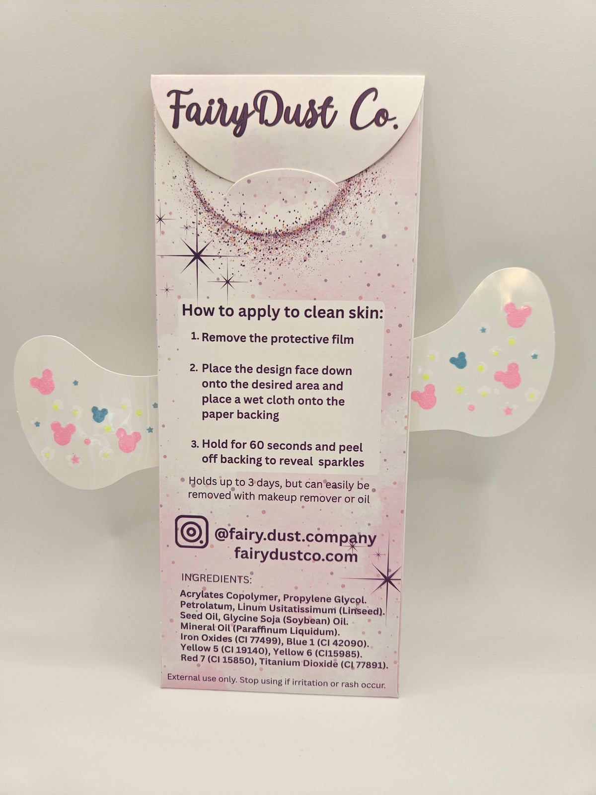 back of package for glow in the dark mouse tattoos